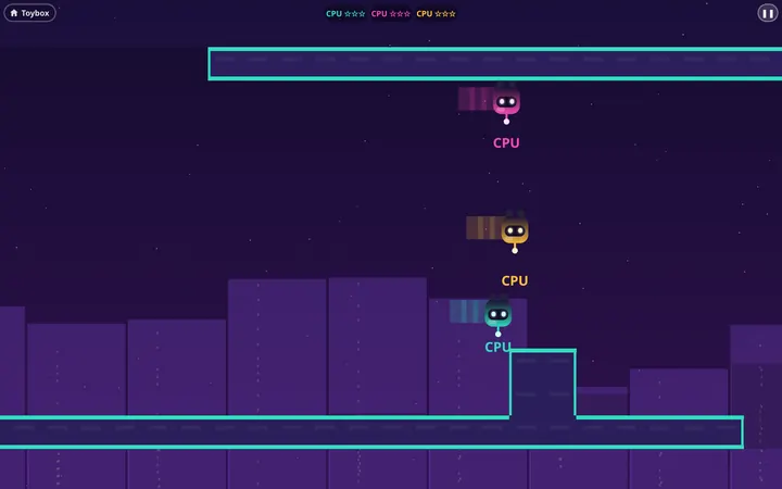 Little robots running upside down on a neon ceiling
