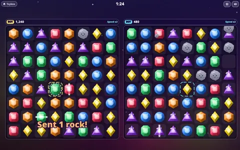 Gem Jam gameplay: two boards of colorful gems side by side in a versus match