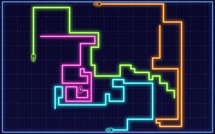 Glow Riders gameplay: neon light-bike trails in cyan, pink, green and orange on a dark grid