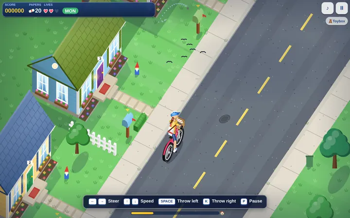Headline Hustle gameplay: a paper kid on a red bike riding past houses and mailboxes